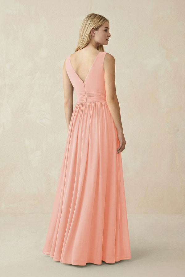 V-Neck Chiffon Pleated A-Line Bridesmaid Dress in Rose Petal - KissProm BRIDESMAID DRESSES