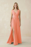 V-Neck Chiffon Pleated A-Line Bridesmaid Dress in Rosette - KissProm BRIDESMAID DRESSES