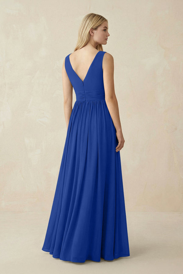V-Neck Chiffon Pleated A-Line Bridesmaid Dress in Royal Blue - KissProm BRIDESMAID DRESSES