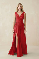 V-Neck Chiffon Pleated A-Line Bridesmaid Dress in Ruby Red - KissProm BRIDESMAID DRESSES