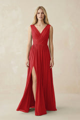 V-Neck Chiffon Pleated A-Line Bridesmaid Dress in Ruby Red - KissProm BRIDESMAID DRESSES