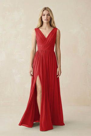 V-Neck Chiffon Pleated A-Line Bridesmaid Dress in Ruby Red - KissProm BRIDESMAID DRESSES