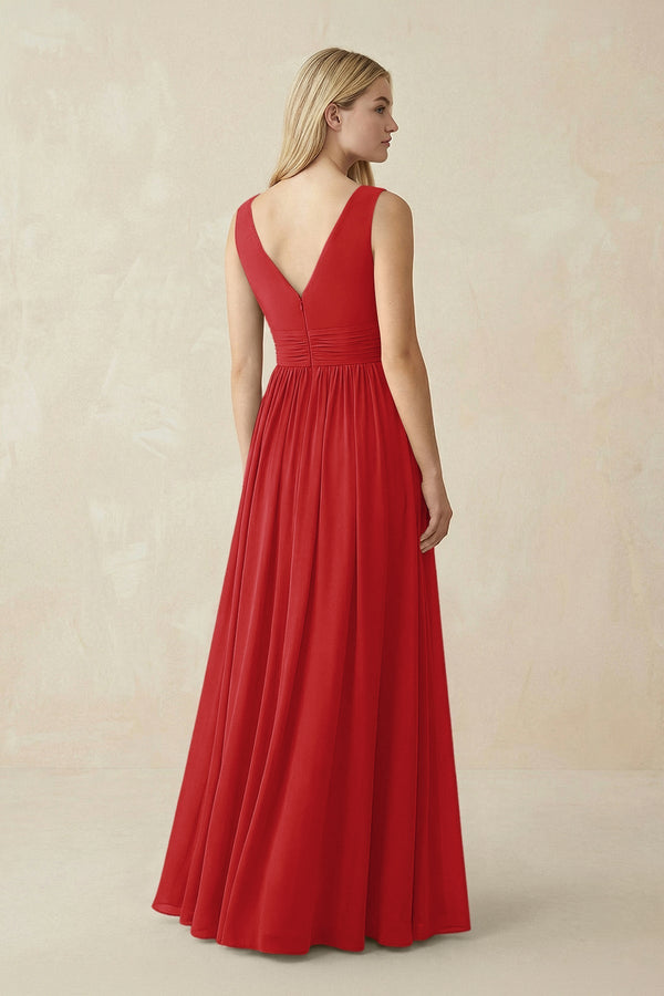 V-Neck Chiffon Pleated A-Line Bridesmaid Dress in Ruby Red - KissProm BRIDESMAID DRESSES