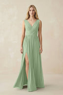 V-Neck Chiffon Pleated A-Line Bridesmaid Dress in Sage - KissProm BRIDESMAID DRESSES
