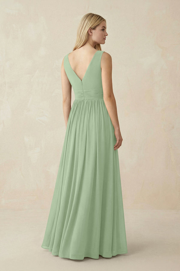 V-Neck Chiffon Pleated A-Line Bridesmaid Dress in Sage - KissProm BRIDESMAID DRESSES