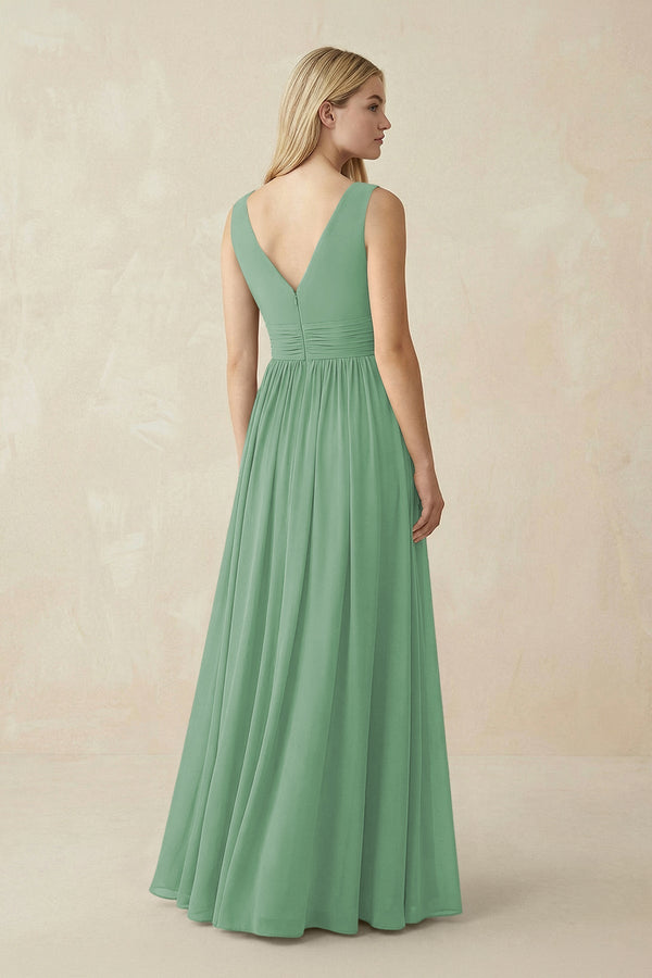V - Neck Chiffon Pleated A - Line Bridesmaid Dress in Sea Glass - KissProm Bridesmaid Dresses