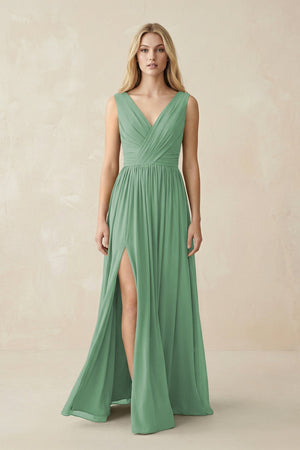 V - Neck Chiffon Pleated A - Line Bridesmaid Dress in Sea Glass - KissProm Bridesmaid Dresses