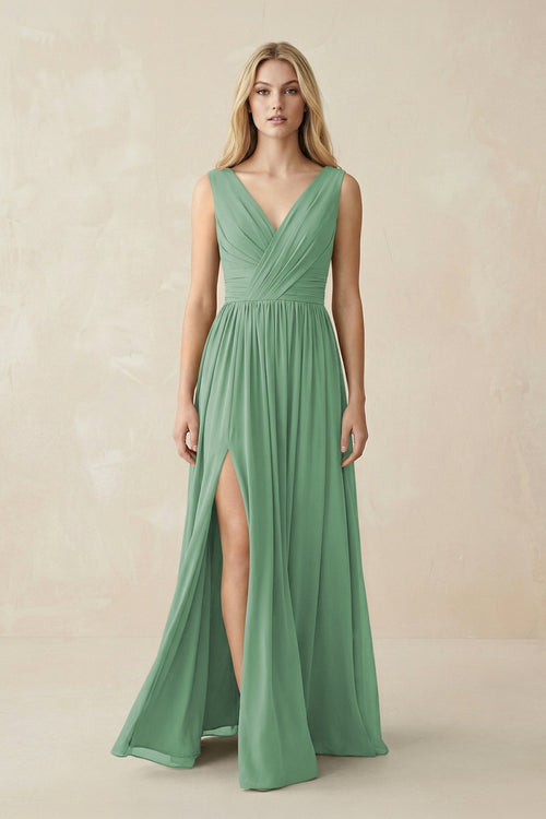 V - Neck Chiffon Pleated A - Line Bridesmaid Dress in Sea Glass - KissProm Bridesmaid Dresses