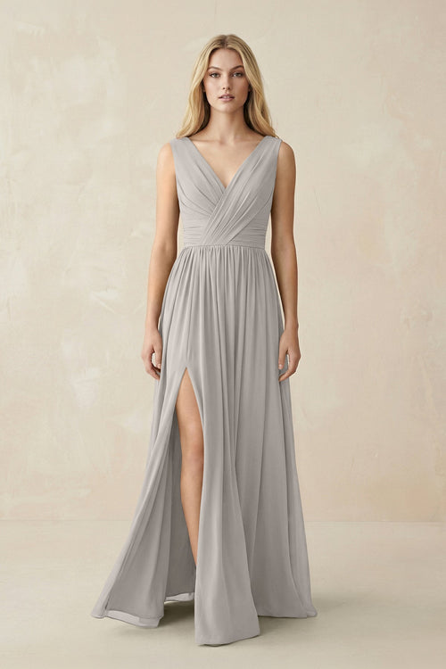 V-Neck Chiffon Pleated A-Line Bridesmaid Dress in Silver - KissProm BRIDESMAID DRESSES