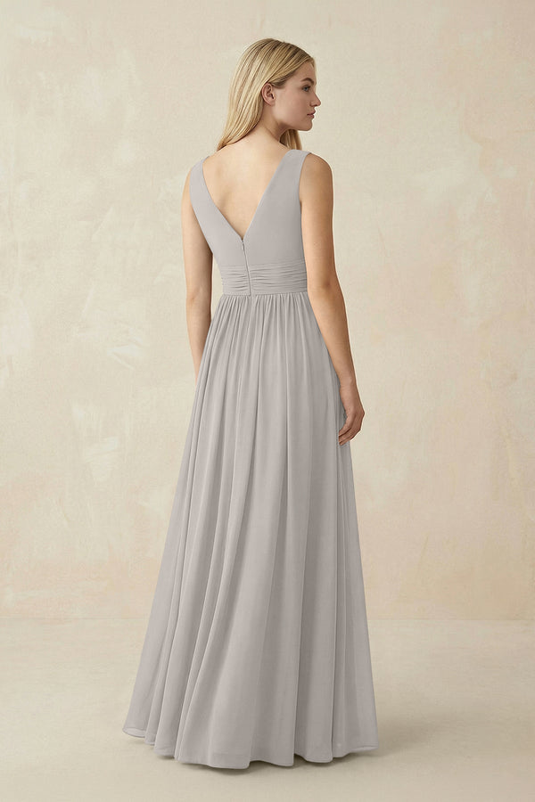 V-Neck Chiffon Pleated A-Line Bridesmaid Dress in Silver - KissProm BRIDESMAID DRESSES