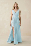 V-Neck Chiffon Pleated A-Line Bridesmaid Dress in Sky Blue - KissProm BRIDESMAID DRESSES