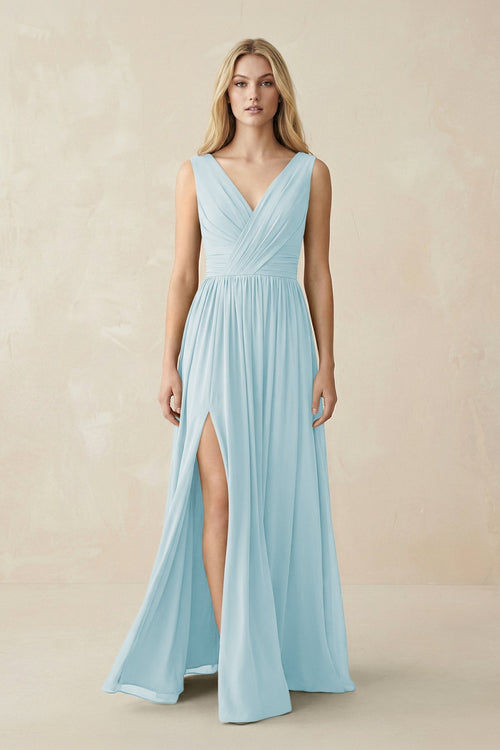 V-Neck Chiffon Pleated A-Line Bridesmaid Dress in Sky Blue - KissProm BRIDESMAID DRESSES