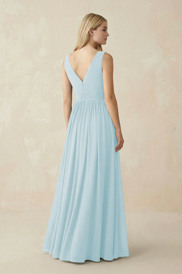 V-Neck Chiffon Pleated A-Line Bridesmaid Dress in Sky Blue - KissProm BRIDESMAID DRESSES