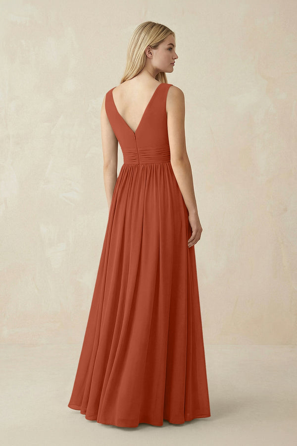 V-Neck Chiffon Pleated A-Line Bridesmaid Dress in Spice - KissProm BRIDESMAID DRESSES
