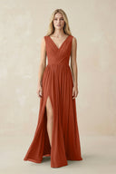 V-Neck Chiffon Pleated A-Line Bridesmaid Dress in Spice - KissProm BRIDESMAID DRESSES