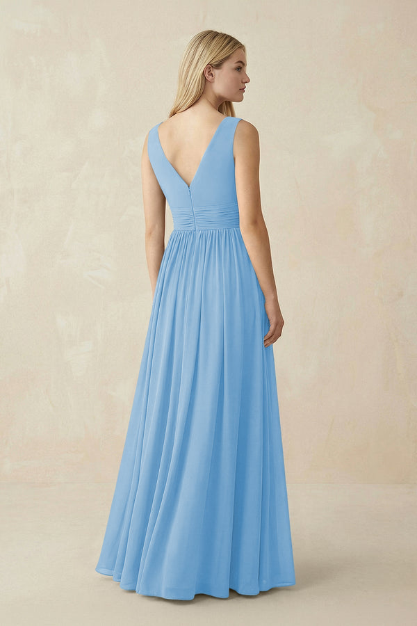 V-Neck Chiffon Pleated A-Line Bridesmaid Dress in Steel Blue - KissProm BRIDESMAID DRESSES