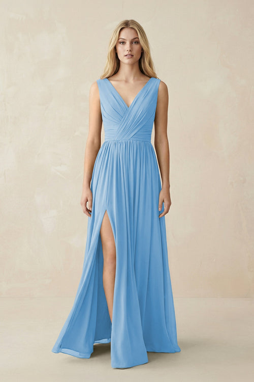 V-Neck Chiffon Pleated A-Line Bridesmaid Dress in Steel Blue - KissProm BRIDESMAID DRESSES