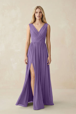 V-Neck Chiffon Pleated A-Line Bridesmaid Dress in Tahiti - KissProm BRIDESMAID DRESSES