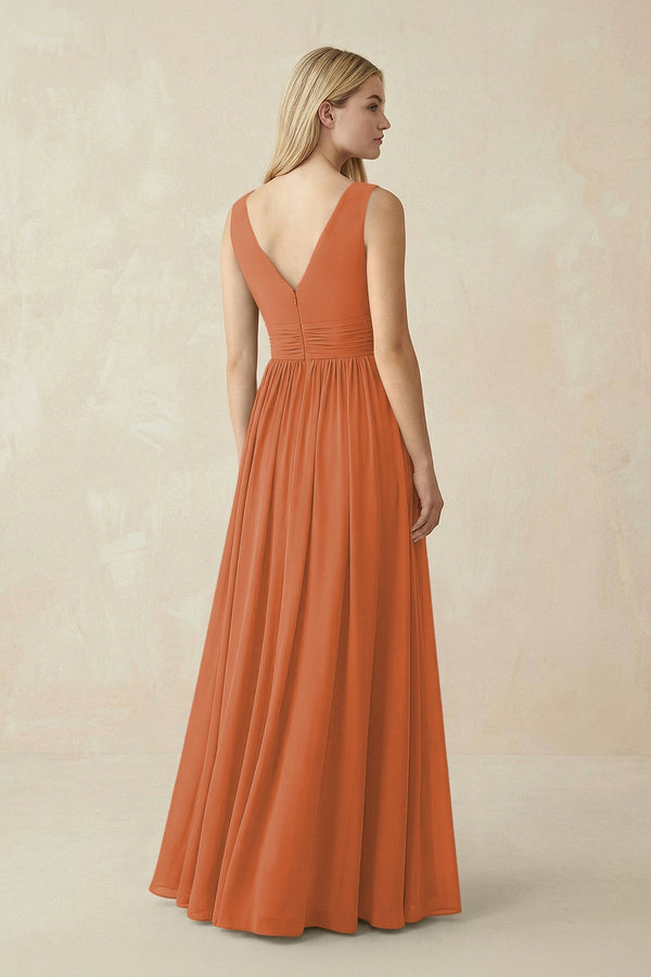 V-Neck Chiffon Pleated A-Line Bridesmaid Dress in Terracotta - KissProm BRIDESMAID DRESSES