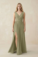 V-Neck Chiffon Pleated A-Line Bridesmaid Dress in Thyme - KissProm BRIDESMAID DRESSES