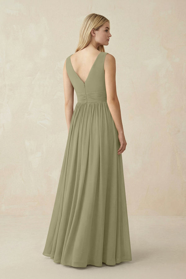 V-Neck Chiffon Pleated A-Line Bridesmaid Dress in Thyme - KissProm BRIDESMAID DRESSES