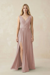 V-Neck Chiffon Pleated A-Line Bridesmaid Dress in Toffee - KissProm BRIDESMAID DRESSES