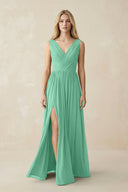 V-Neck Chiffon Pleated A-Line Bridesmaid Dress in Turquoise - KissProm BRIDESMAID DRESSES
