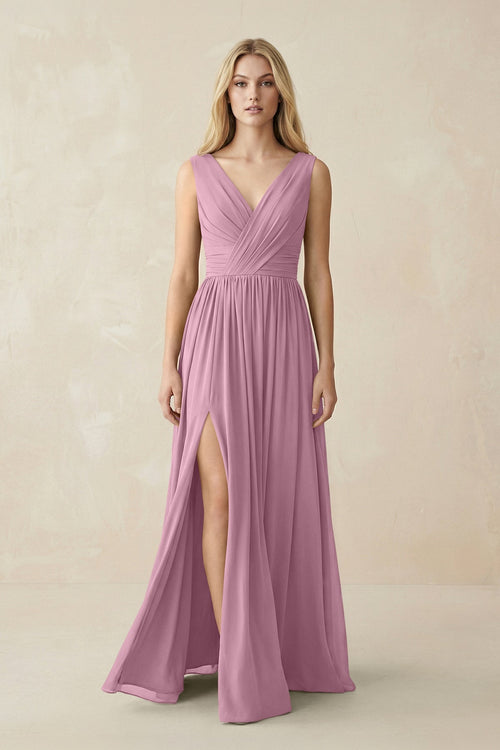 V-Neck Chiffon Pleated A-Line Bridesmaid Dress in Vintage Mauve - KissProm BRIDESMAID DRESSES
