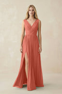 V-Neck Chiffon Pleated A-Line Bridesmaid Dress in Wild Rose - KissProm BRIDESMAID DRESSES