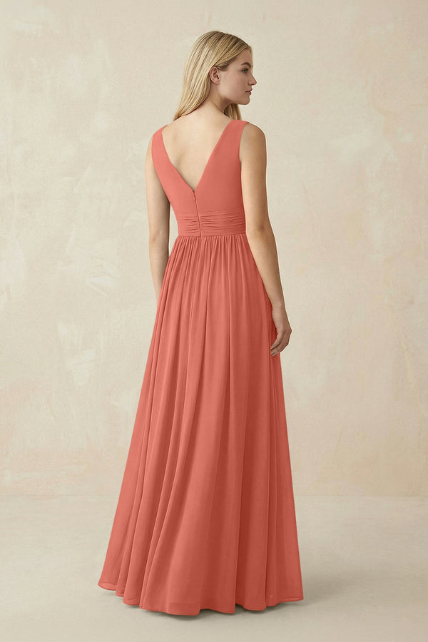 V-Neck Chiffon Pleated A-Line Bridesmaid Dress in Wild Rose - KissProm BRIDESMAID DRESSES