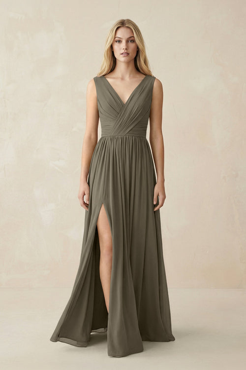 V-Neck Chiffon Pleated A-Line Bridesmaid Dress in Willow Green - KissProm BRIDESMAID DRESSES