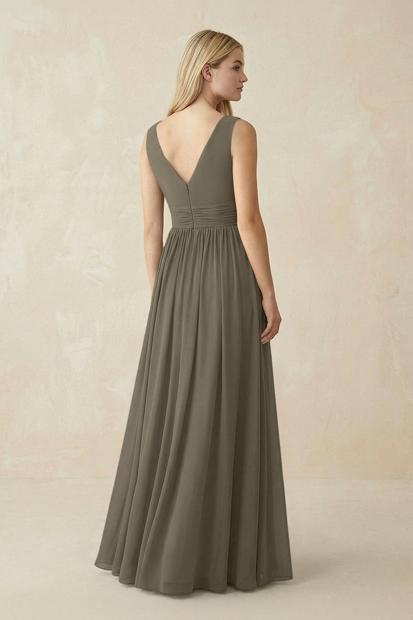V-Neck Chiffon Pleated A-Line Bridesmaid Dress in Willow Green - KissProm BRIDESMAID DRESSES