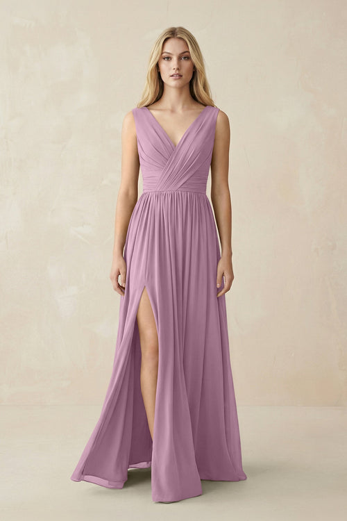 V-Neck Chiffon Pleated A-Line Bridesmaid Dress in Wisteria - KissProm BRIDESMAID DRESSES