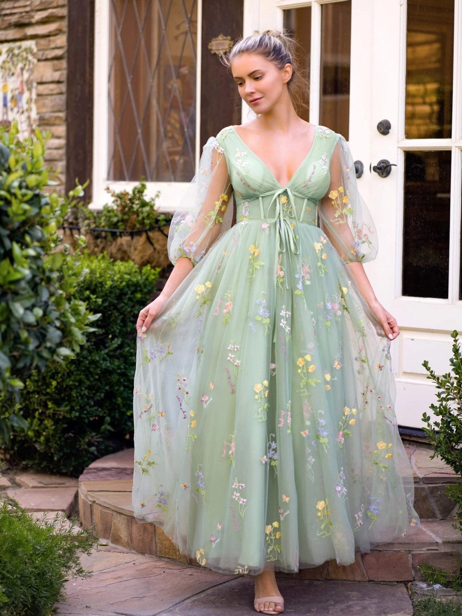 KissProm V-neck Embroidery Ankle Length Tulle Corset Floral Prom Dress, Green / 4