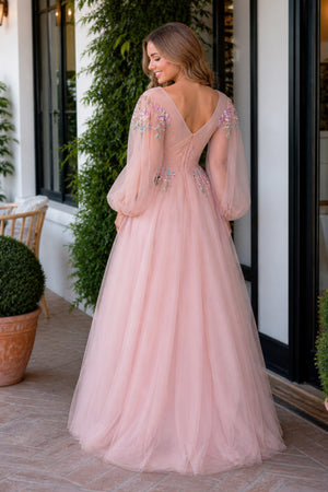 V-neck Embroidery Sequin Floor Length Tulle Prom Dress, Pink / 12 V-neck Embroidery Sequin Floor Length Tulle Prom Dress, Pink / 12