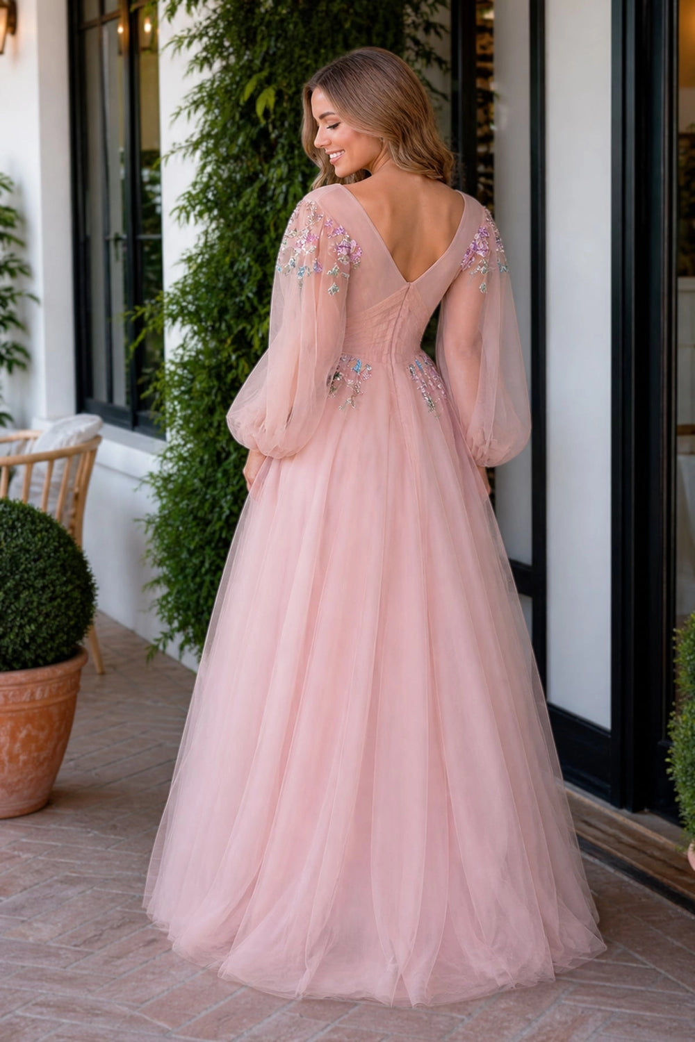V-neck Embroidery Sequin Floor Length Tulle Prom Dress