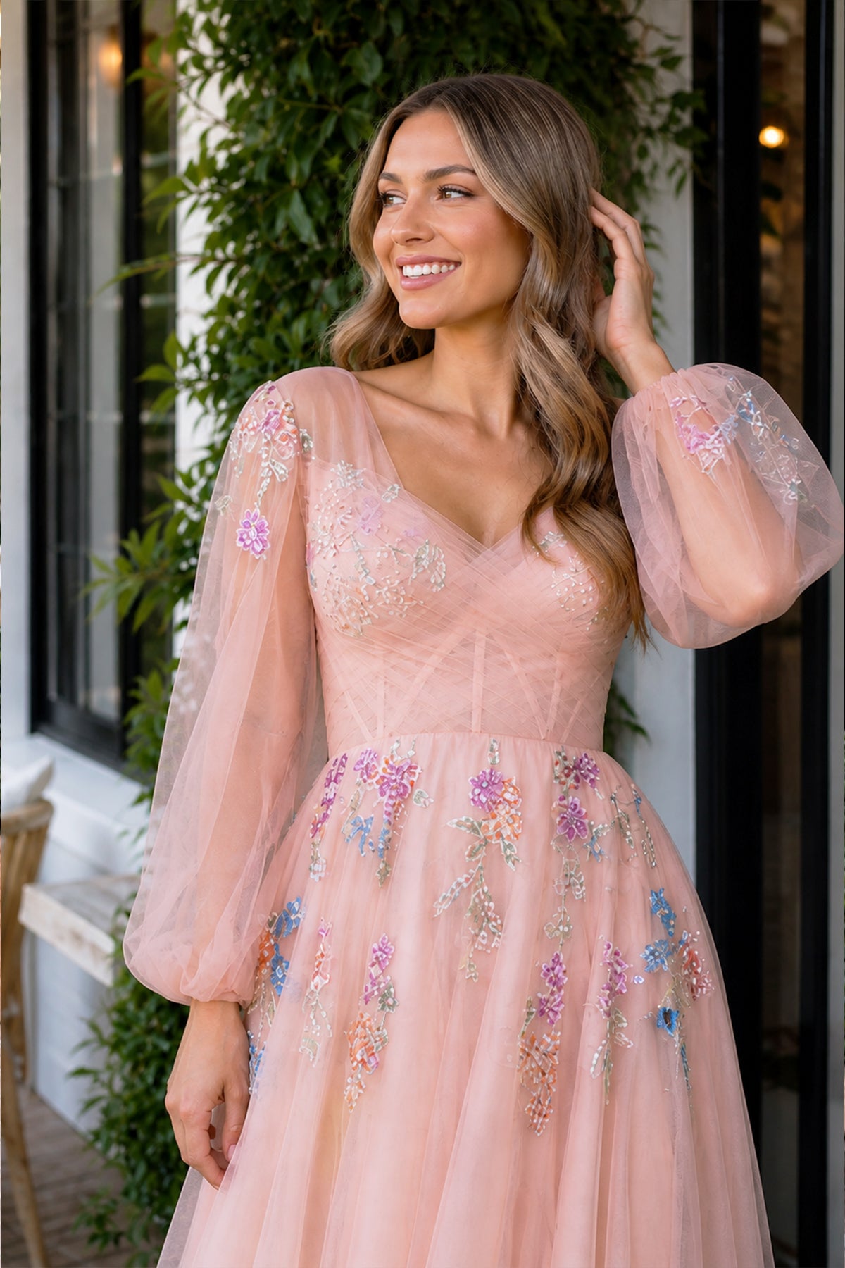 tulle embroidered prom dress Long Tulle Prom Ball Gown with Flowers