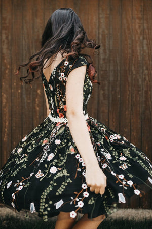 V-Neck Floral Black Homecoming Dress with Beaded Waist