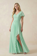 V-Neck Flutter Sleeve A-Line Chiffon Bridesmaid Dress in Pale Pistachio - KissProm BRIDESMAID DRESSES