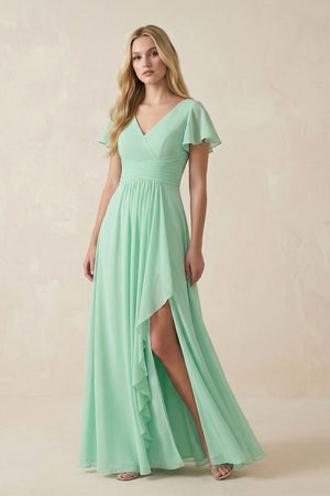 V-Neck Flutter Sleeve A-Line Chiffon Bridesmaid Dress in Pale Pistachio - KissProm BRIDESMAID DRESSES