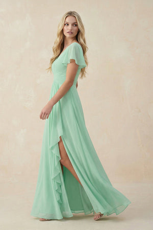 V-Neck Flutter Sleeve A-Line Chiffon Bridesmaid Dress in Pale Pistachio - KissProm BRIDESMAID DRESSES