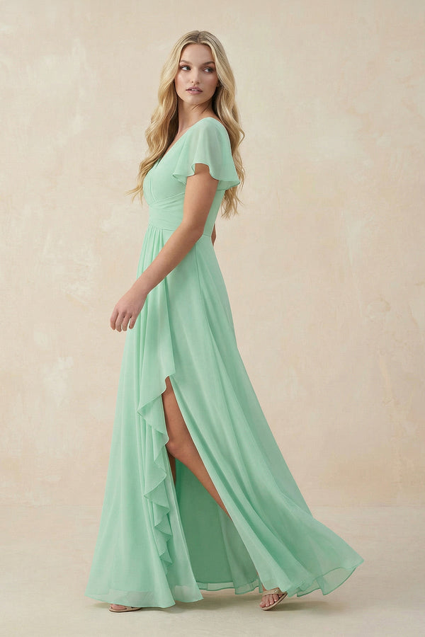 V-Neck Flutter Sleeve A-Line Chiffon Bridesmaid Dress in Pale Pistachio - KissProm BRIDESMAID DRESSES