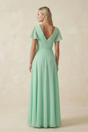 V-Neck Flutter Sleeve A-Line Chiffon Bridesmaid Dress in Pale Pistachio - KissProm BRIDESMAID DRESSES