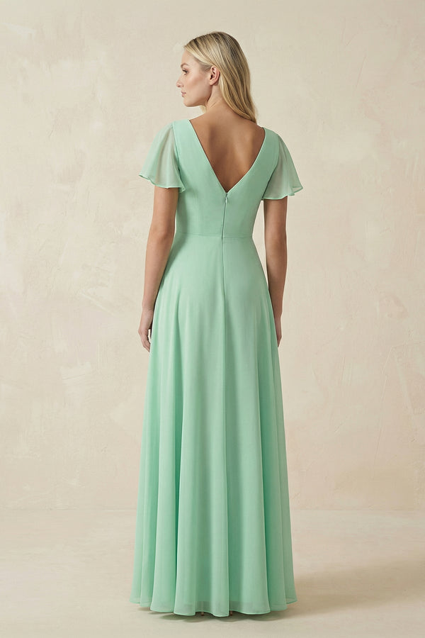 V-Neck Flutter Sleeve A-Line Chiffon Bridesmaid Dress in Pale Pistachio - KissProm BRIDESMAID DRESSES