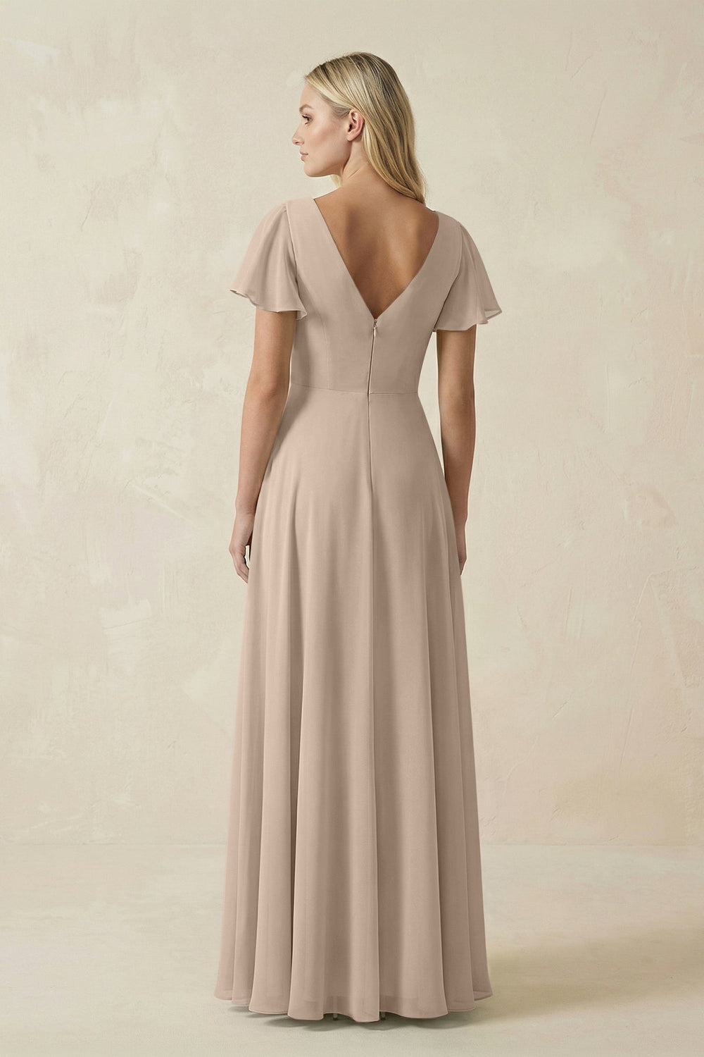 V - Neck Flutter Sleeve A - Line Chiffon Bridesmaid Dress in Almond - KissProm Bridesmaid Dresses