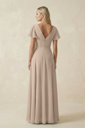 V - Neck Flutter Sleeve A - Line Chiffon Bridesmaid Dress in Almond - KissProm Bridesmaid Dresses