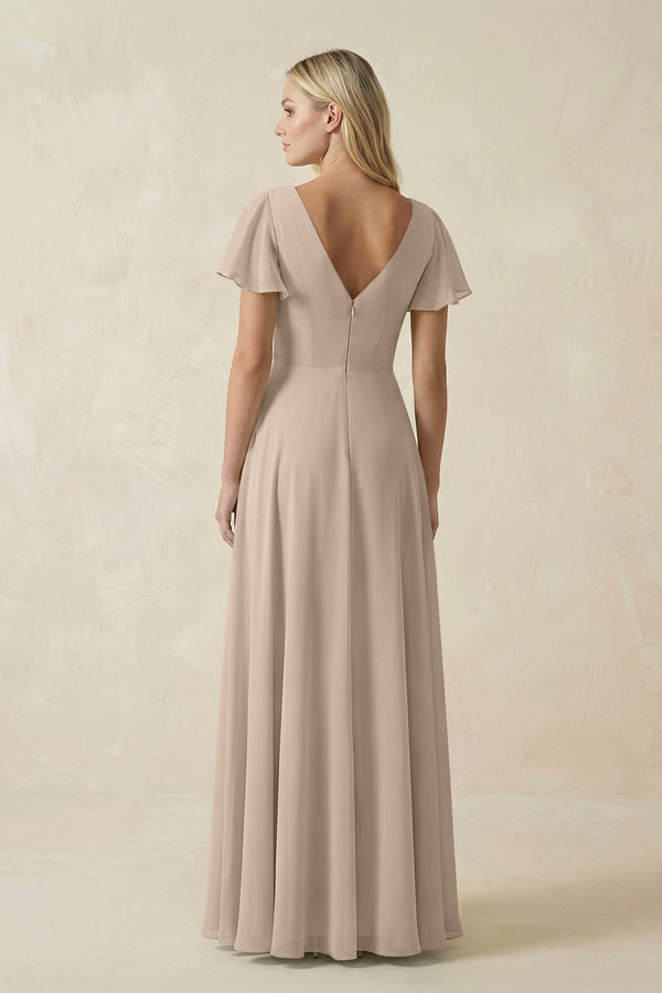 V - Neck Flutter Sleeve A - Line Chiffon Bridesmaid Dress in Almond - KissProm Bridesmaid Dresses