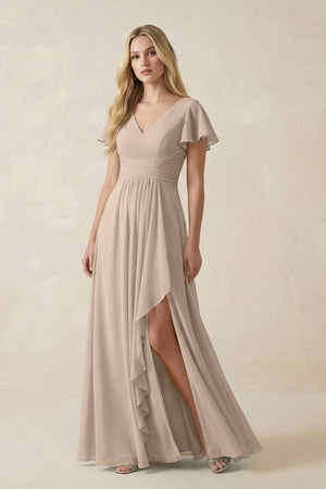 V - Neck Flutter Sleeve A - Line Chiffon Bridesmaid Dress in Almond - KissProm Bridesmaid Dresses