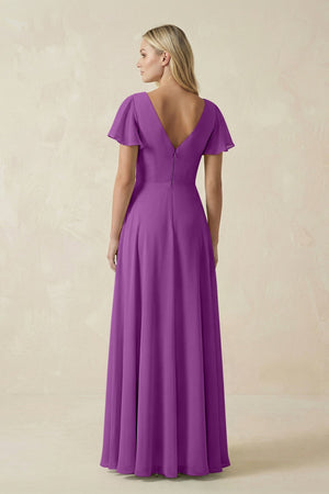 V - Neck Flutter Sleeve A - Line Chiffon Bridesmaid Dress in Amethyst - KissProm Bridesmaid Dresses