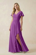 V - Neck Flutter Sleeve A - Line Chiffon Bridesmaid Dress in Amethyst - KissProm Bridesmaid Dresses